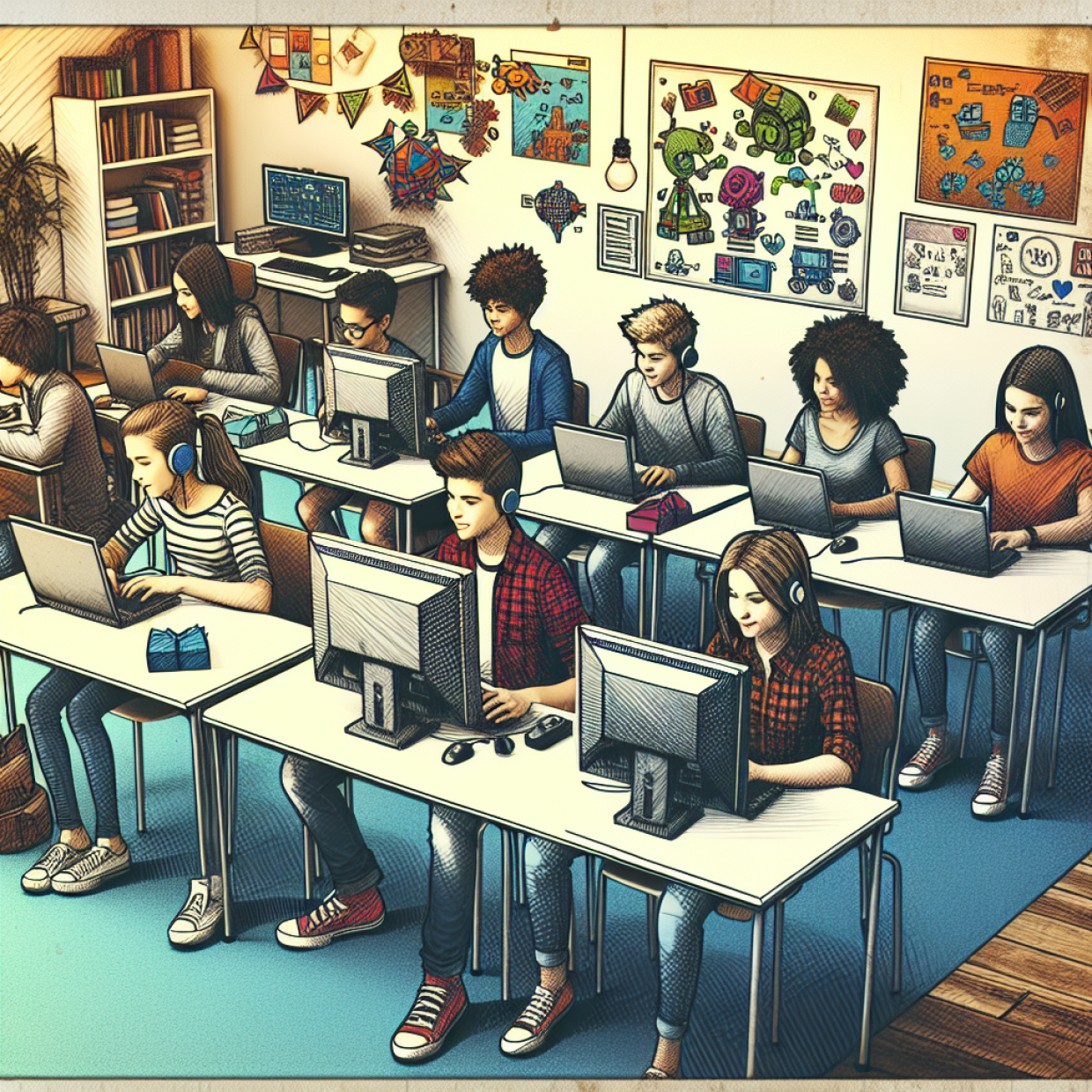 SketchArt, Schüler*innen, die in einem Klassenraum vor Laptops sitzen
